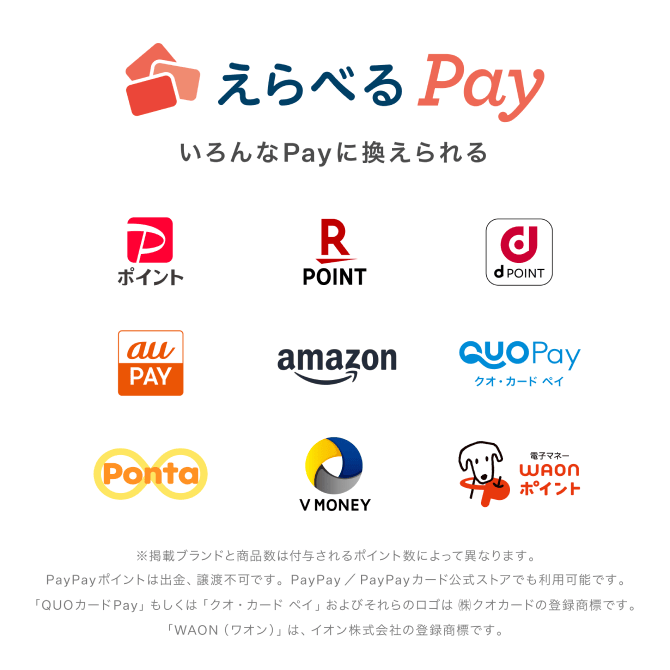 えらべるPay いろんなPayに換えられる 掲載ブランドと商品数は付与されるポイント数によって異なります。/PayPayポイントは出金、譲渡不可です。PayPay／PayPayカード公式ストアでも利用可能です。/「QUOカードPay」もしくは「クオ・カードペイ」およびそれらのロゴは株）クオカードの登録商標です。/「WAON （ワオン）」は、イオン株式会社の登録商標です。