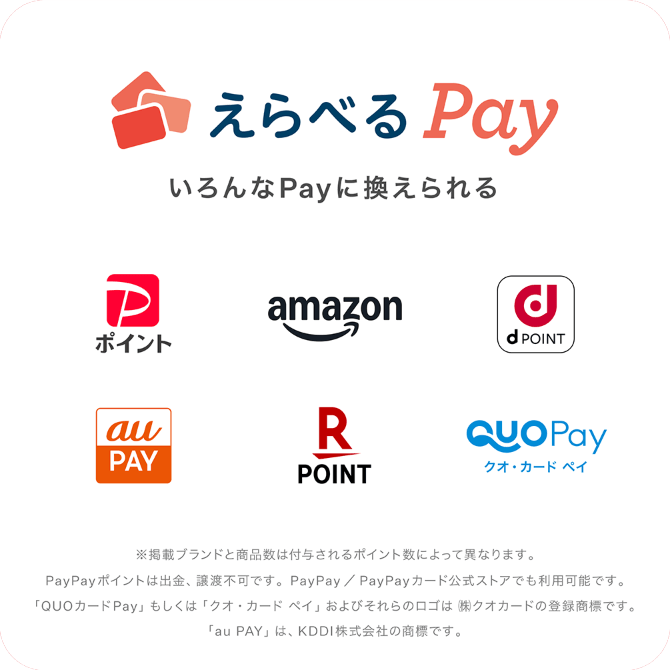 えらべるPay いろんなPayに換えられる 掲載ブランドと商品数は付与されるポイント数によって異なります。/PayPayポイントは出金、譲渡不可です。PayPay／PayPayカード公式ストアでも利用可能です。/「QUOカードPay」もしくは「クオ・カード ペイ」およびそれらのロゴは(株)クオカードの登録商標です。/「au PAY」は、KDDI株式会社の商標です。